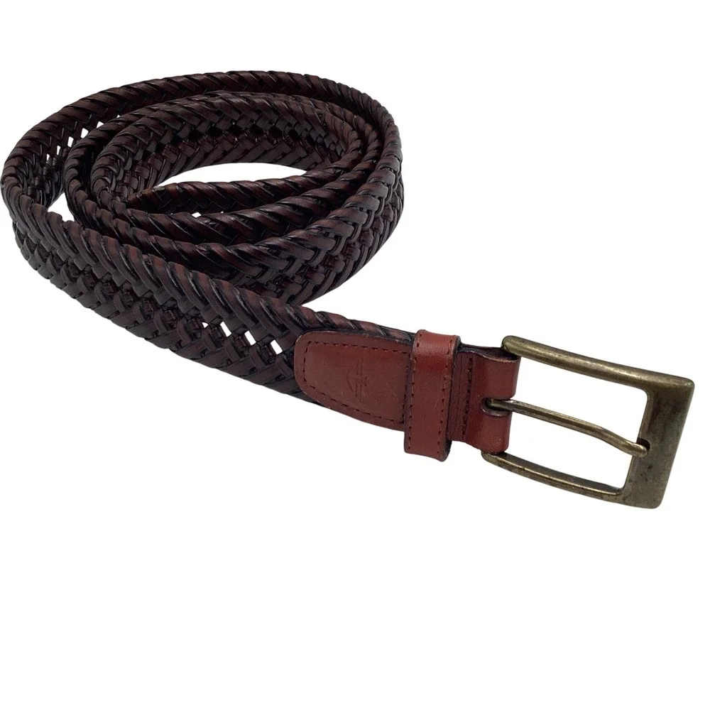 Dockers Mens Braided Woven Belt Brown Leather Tab Brass Buckle 48 120 17D00408